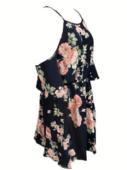  Tropical Print Cold Shoulder Round Neck Mini Dress