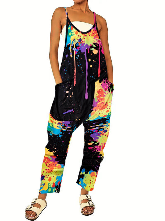 Print Sleeveless Jumpsuit Spaghetti Strap Pocket Front Jumpsuit
