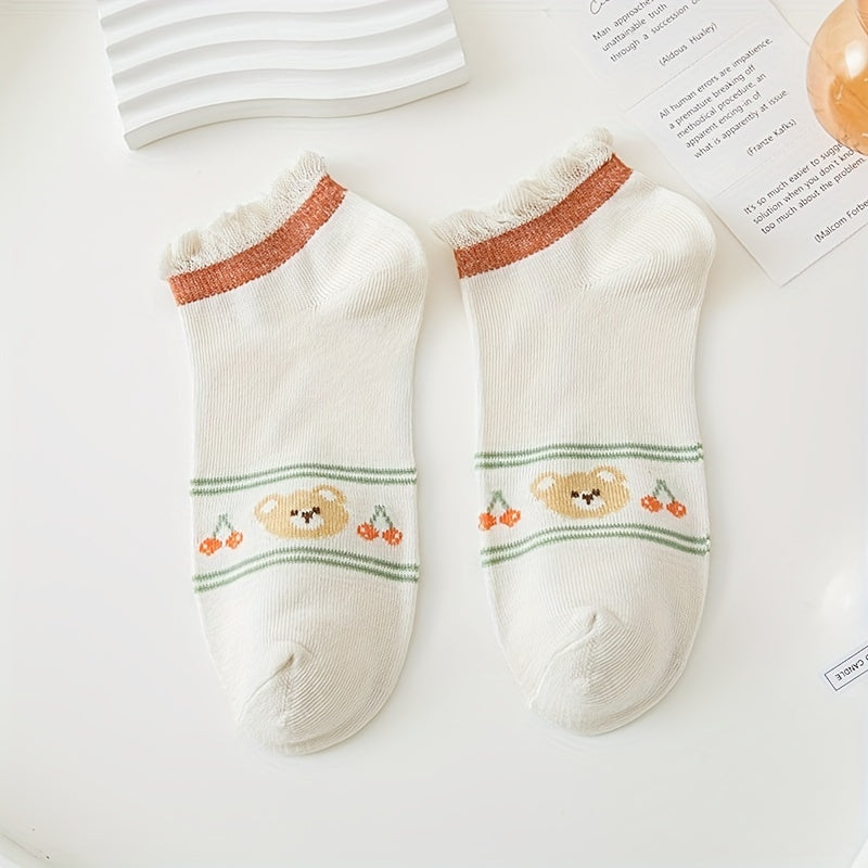 5 Pairs Bear & Cherry Print Women's Socks Set