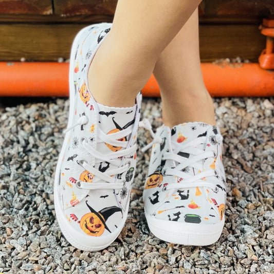 Women's Pumpkin Printed Lace-Up Low Round Toe Casual Shoes