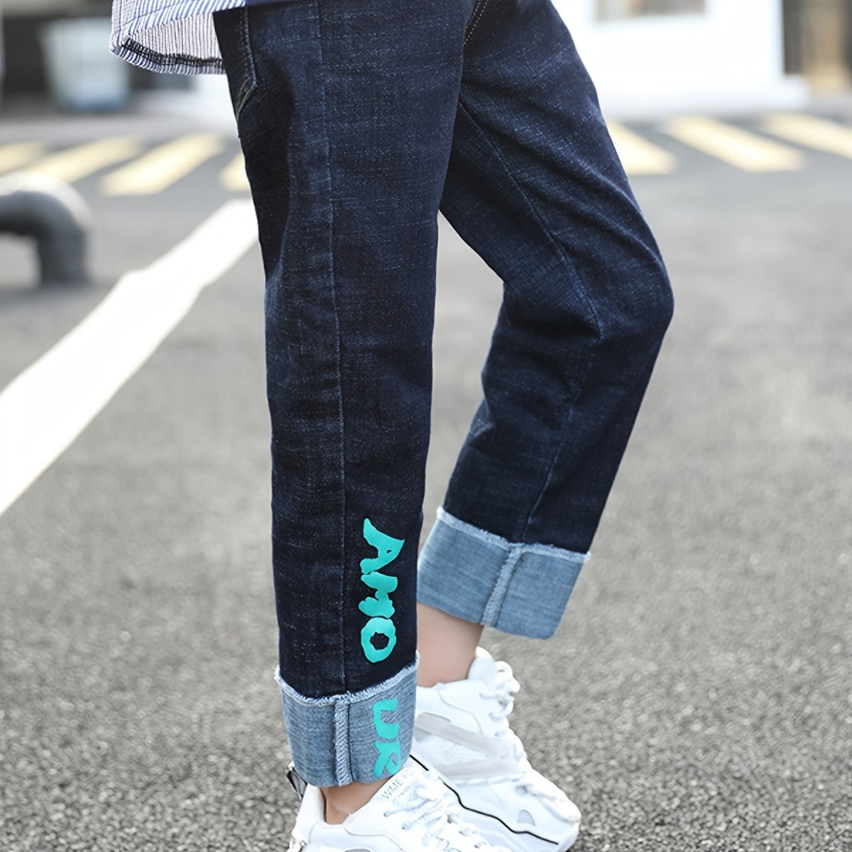 Boys Cuffed Jeans Casual Letter Graphic Slim Fit Pants