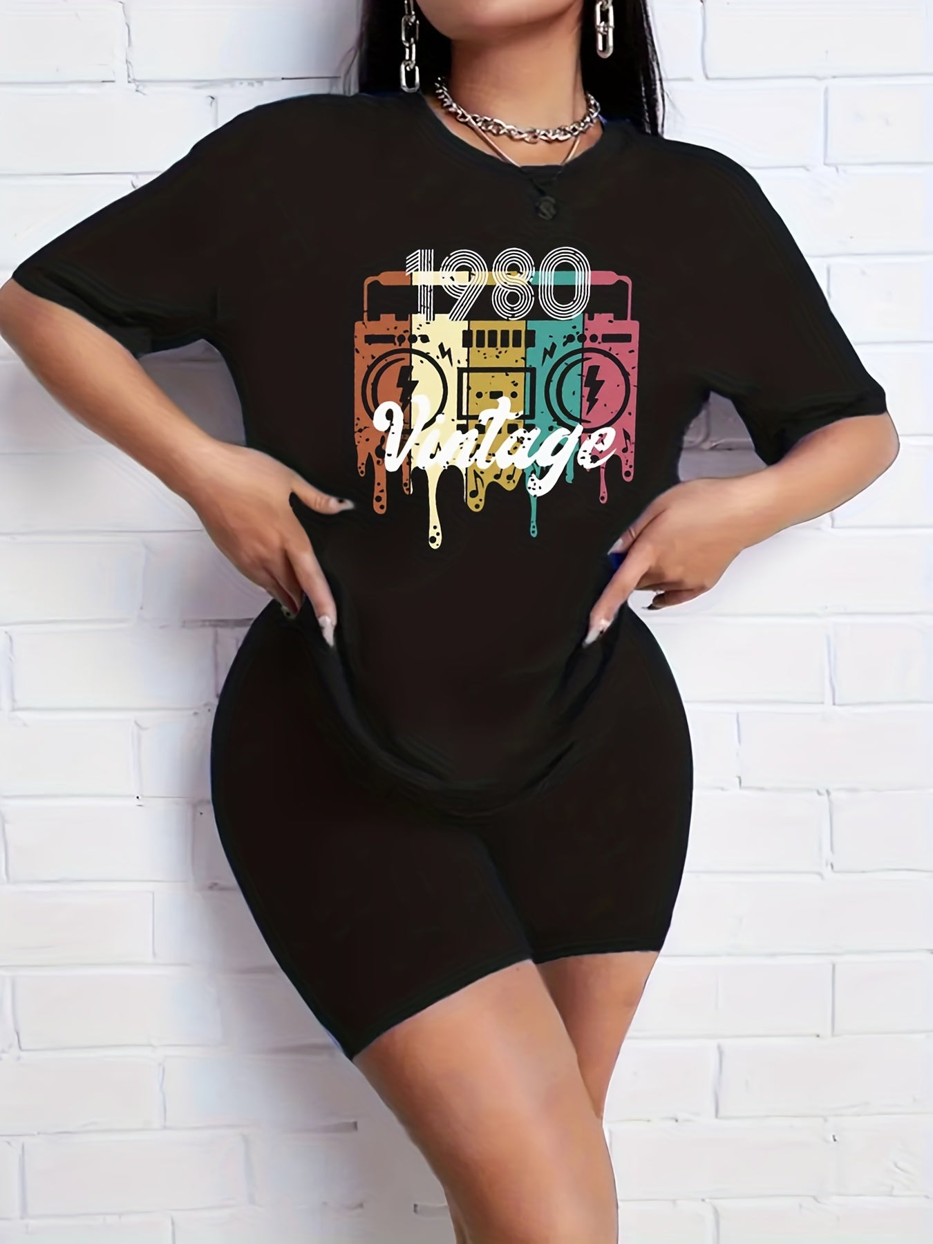 Vintage Letter Graphic T-shirt & Solid Shorts Set Women's Active