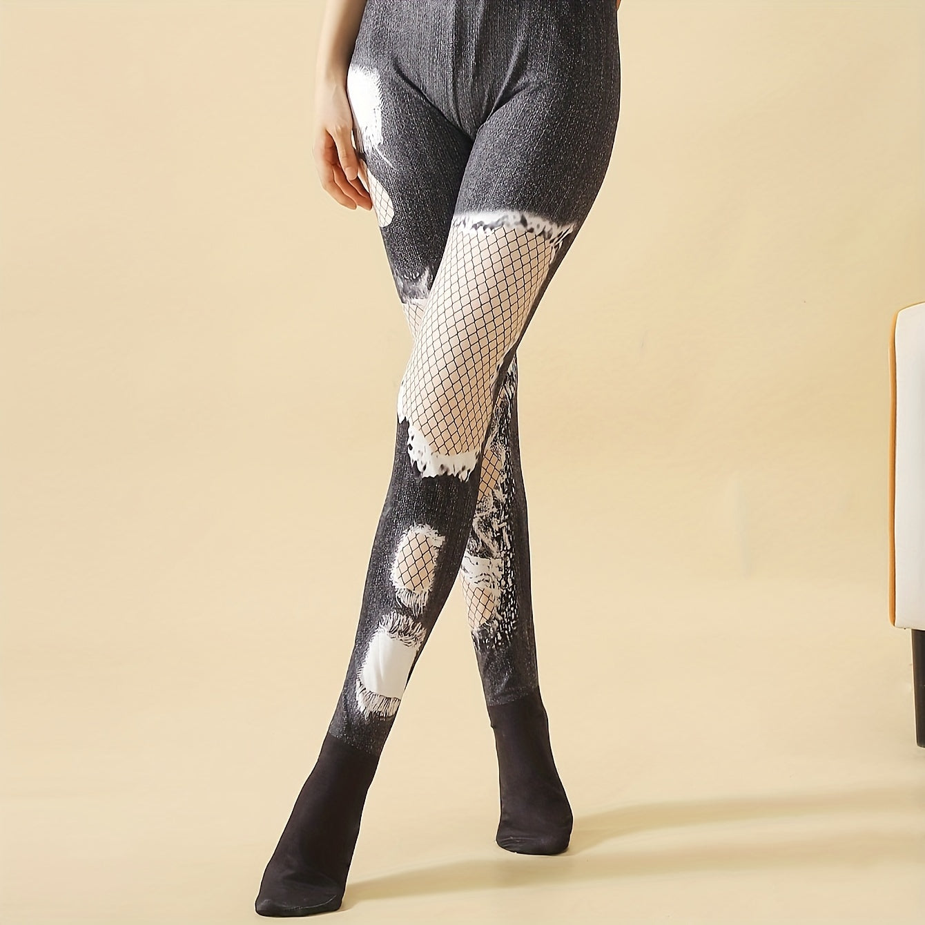 Fishnet Print Tights High Waist Leggings Women's Stockings