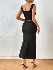 Casual 2pc Crop Tank Top & Side Split Twist Skirt Outfits Women's Clothing