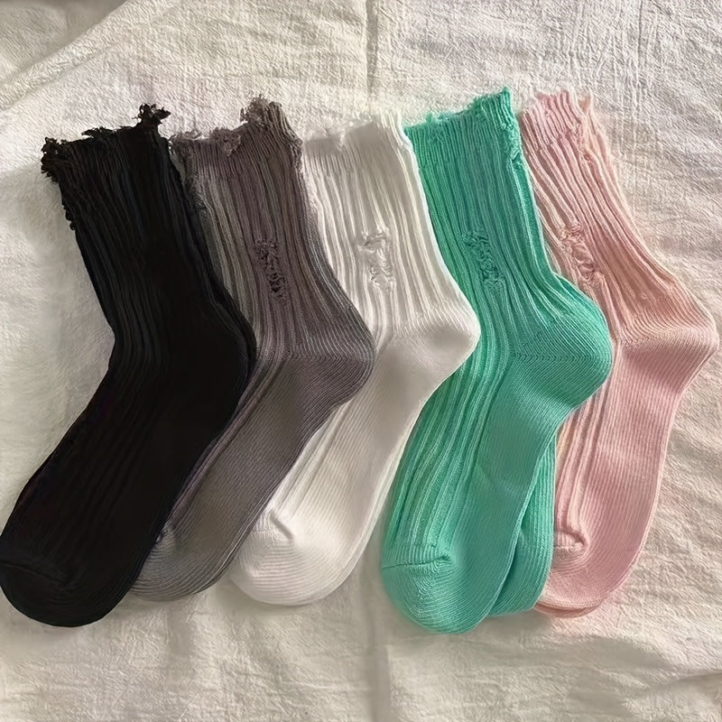 5 Pairs Ripped Solid Socks Women's Mid Tube Stockings