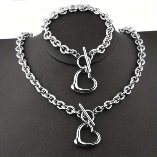 Heart Pendant Bracelet & Necklace Set - Fashionable Combo