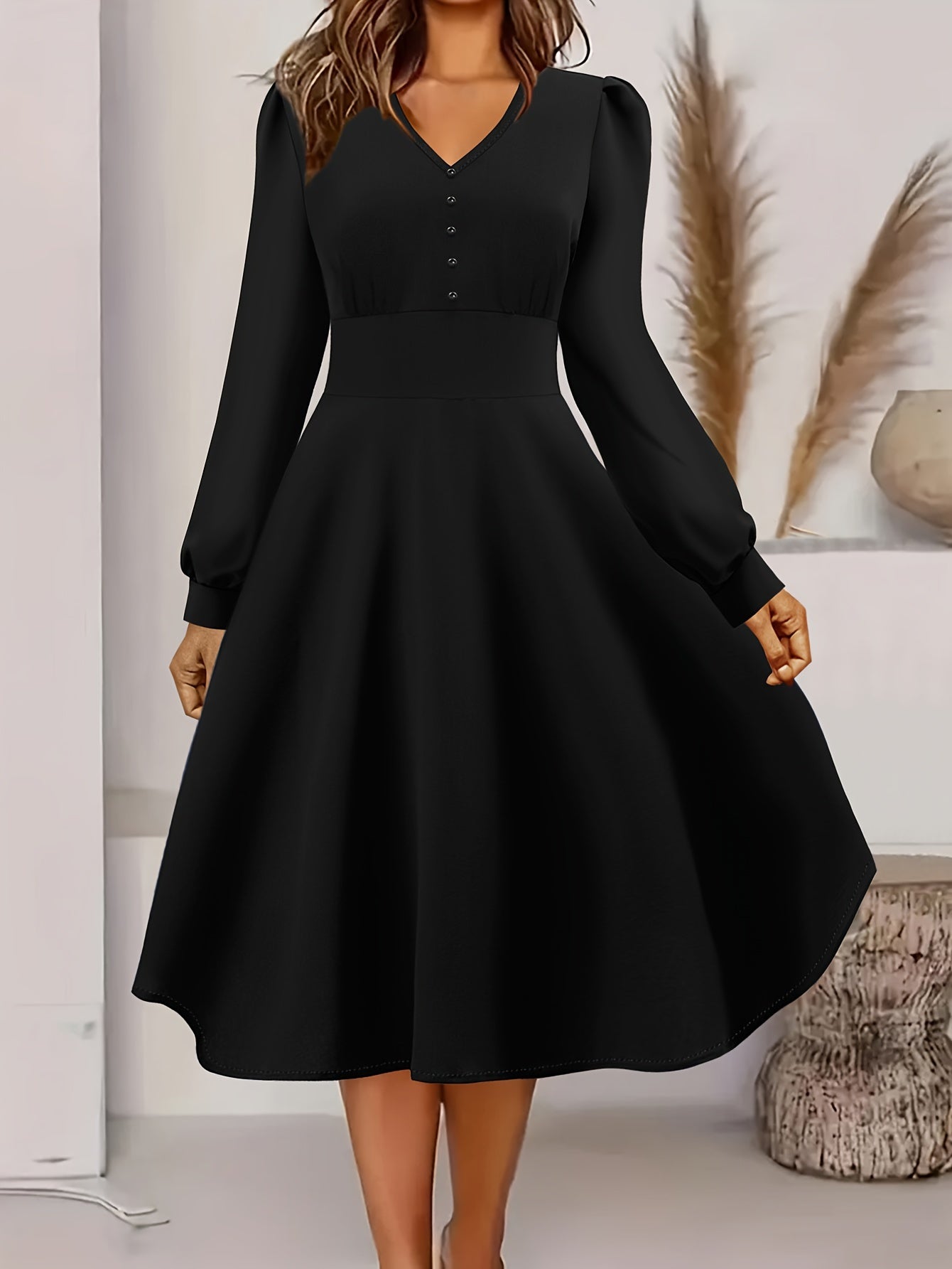  Casual Dress Women's Plus Solid Button Decor Long Sleeve V Neck