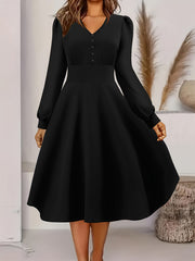 Casual Dress Women's Plus Solid Button Decor Long Sleeve V Neck