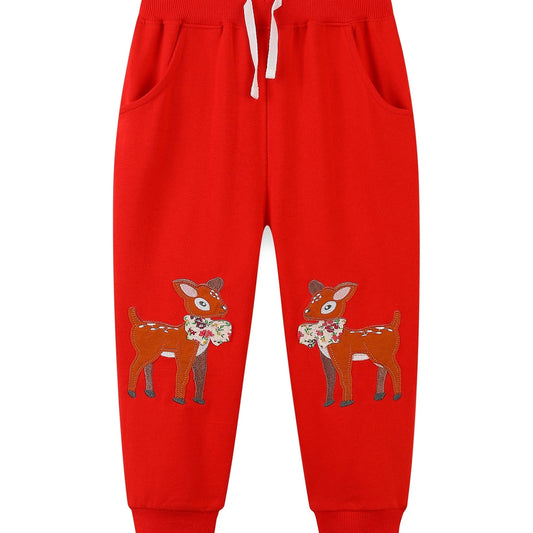 Girls' Animal Embroidered Joggers Pants Drawstring Pockets
