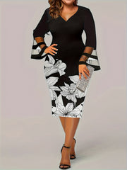  Floral Print Mesh Bell Sleeve V Neck Midi Dress