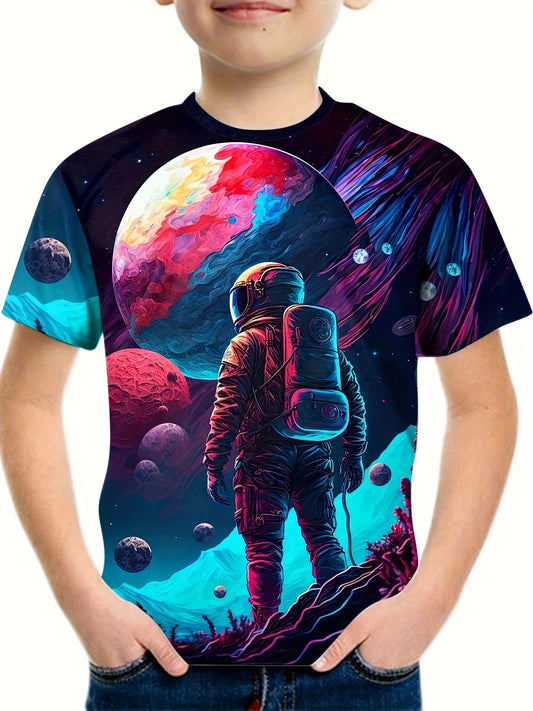 Boys Astronaut 3D Print T-shirt Short Sleeve Top Kids Summer Clothes