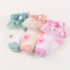 3 Pairs Kids Heart Graphic Lace Trim Princess Crew Socks