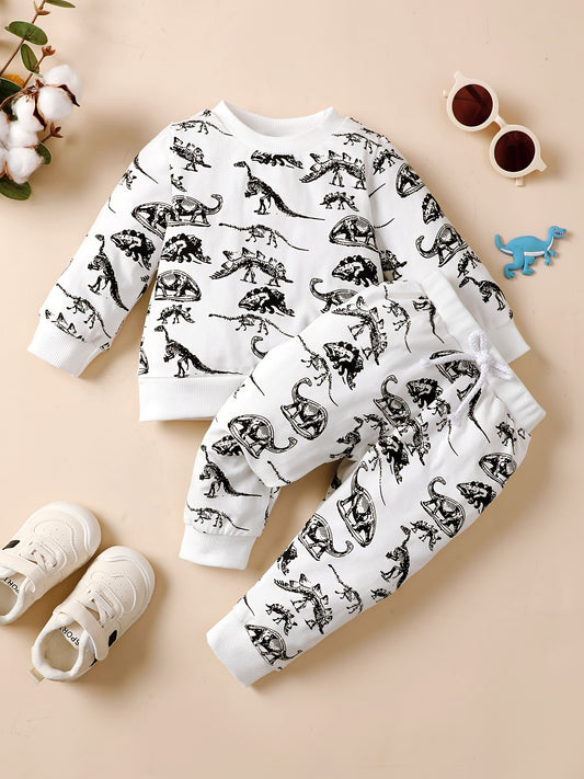 2pcs Toddler Boys Dino Print Crew Neck Sweatshirt & Pants Set