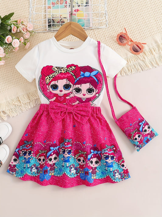 Girl Pattern Outfit 3pcs T-shirt & Bag & Skirt Set for Spring Autumn