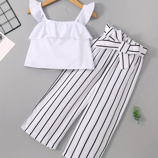 Girls Striped Wide Leg Pants Set Summer Kids Clothes