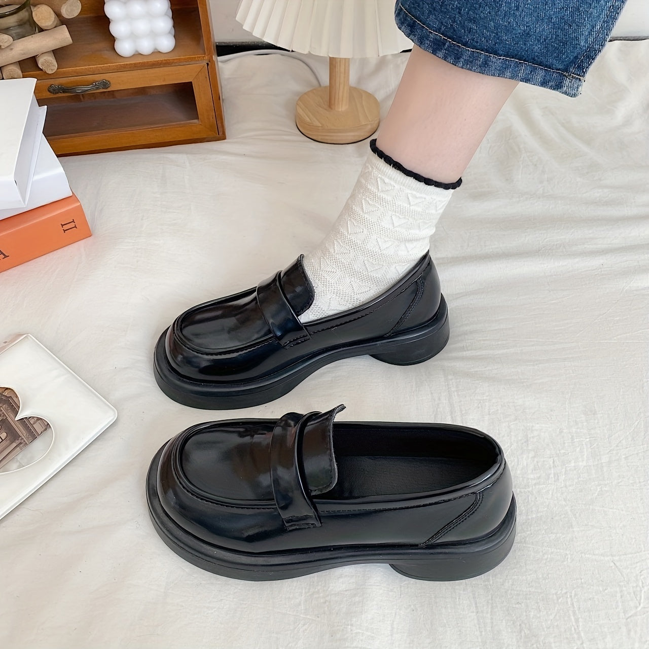 Women's Platform Loafers Slip On Patent Leather Comfy Shoes