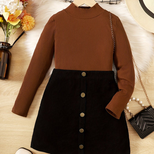 Girl's Ribbed Top & Corduroy Skirt Set Casual Outfits for Kids