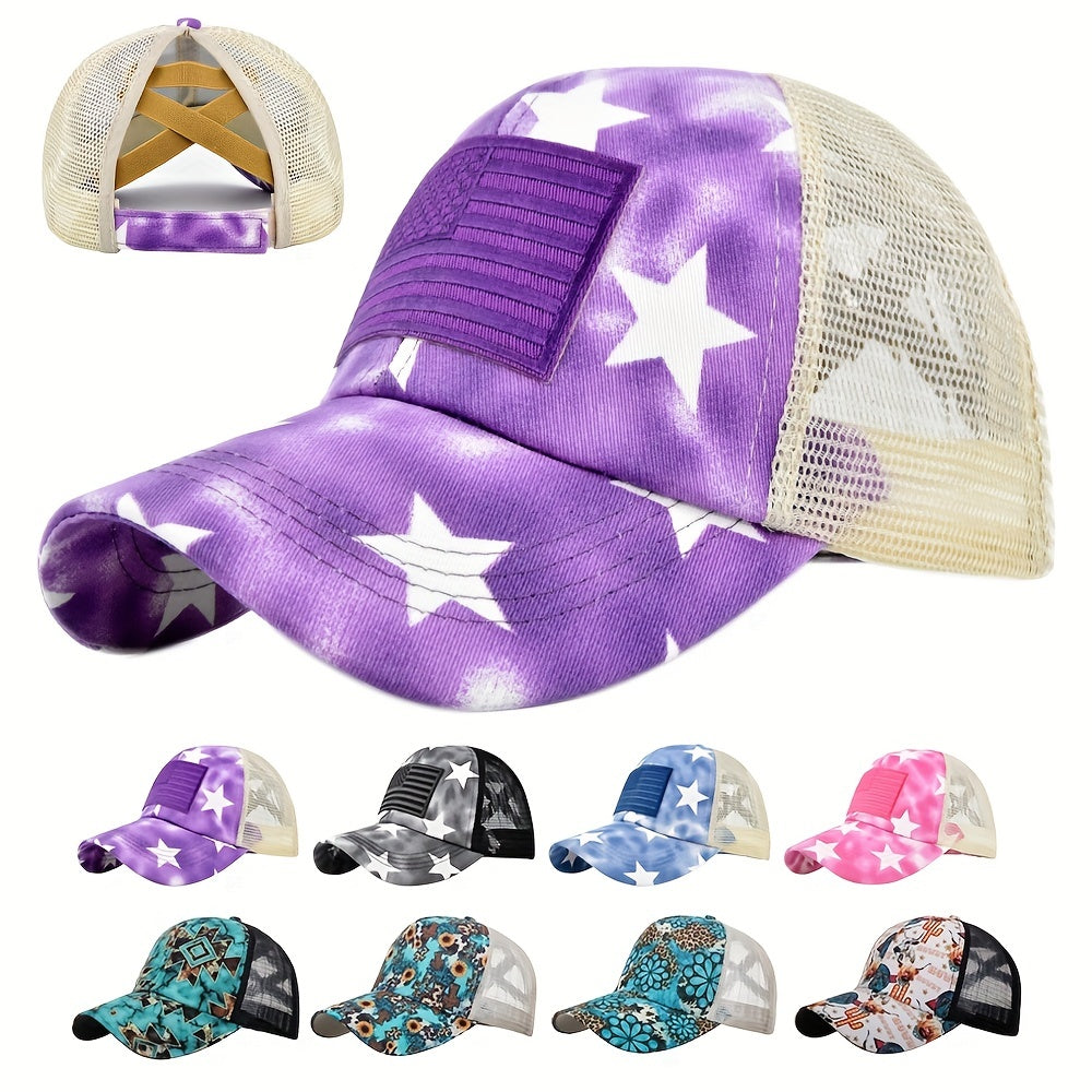 Tie Dye Ponytail Trucker Hat Star Print Mesh Baseball Cap Embroi