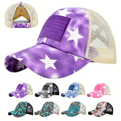 Tie Dye Ponytail Trucker Hat Star Print Mesh Baseball Cap Embroi