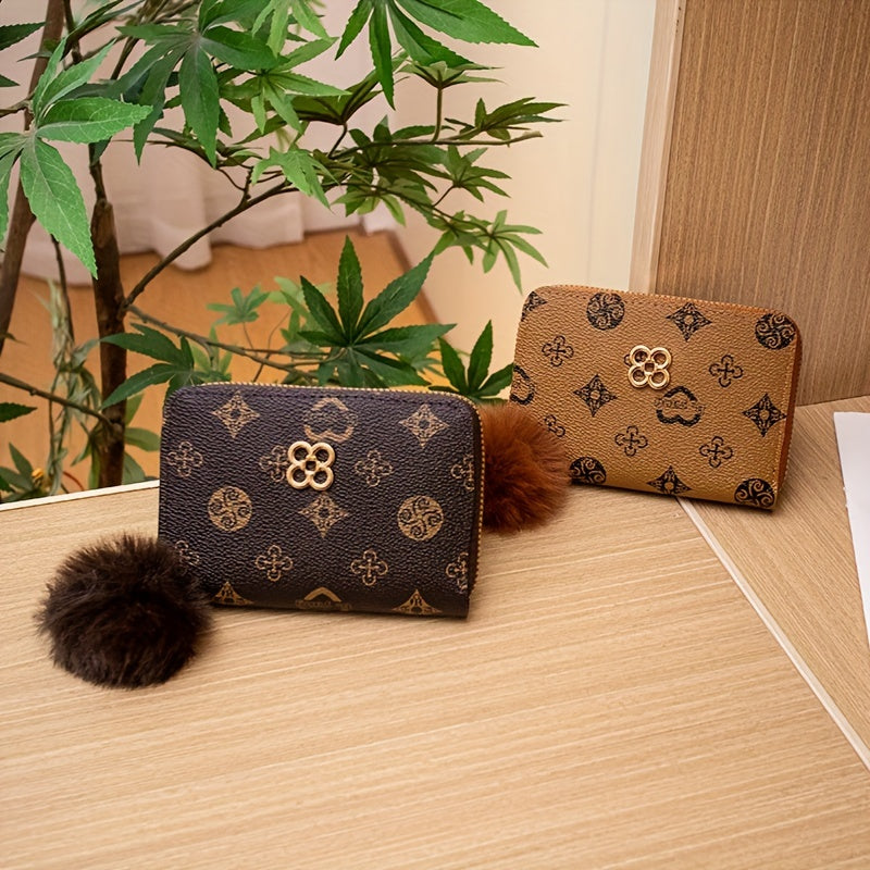Vintage Zip Around Coin Purse with Pom Pom