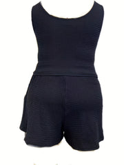  Solid Round Neck Tank Top & Drawstring Elastic Shorts Set