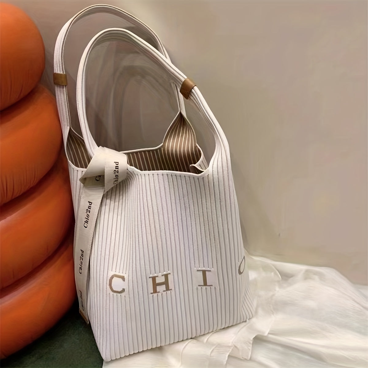 Striped Pattern Shoulder Bag Vintage Knitted Tote Bag