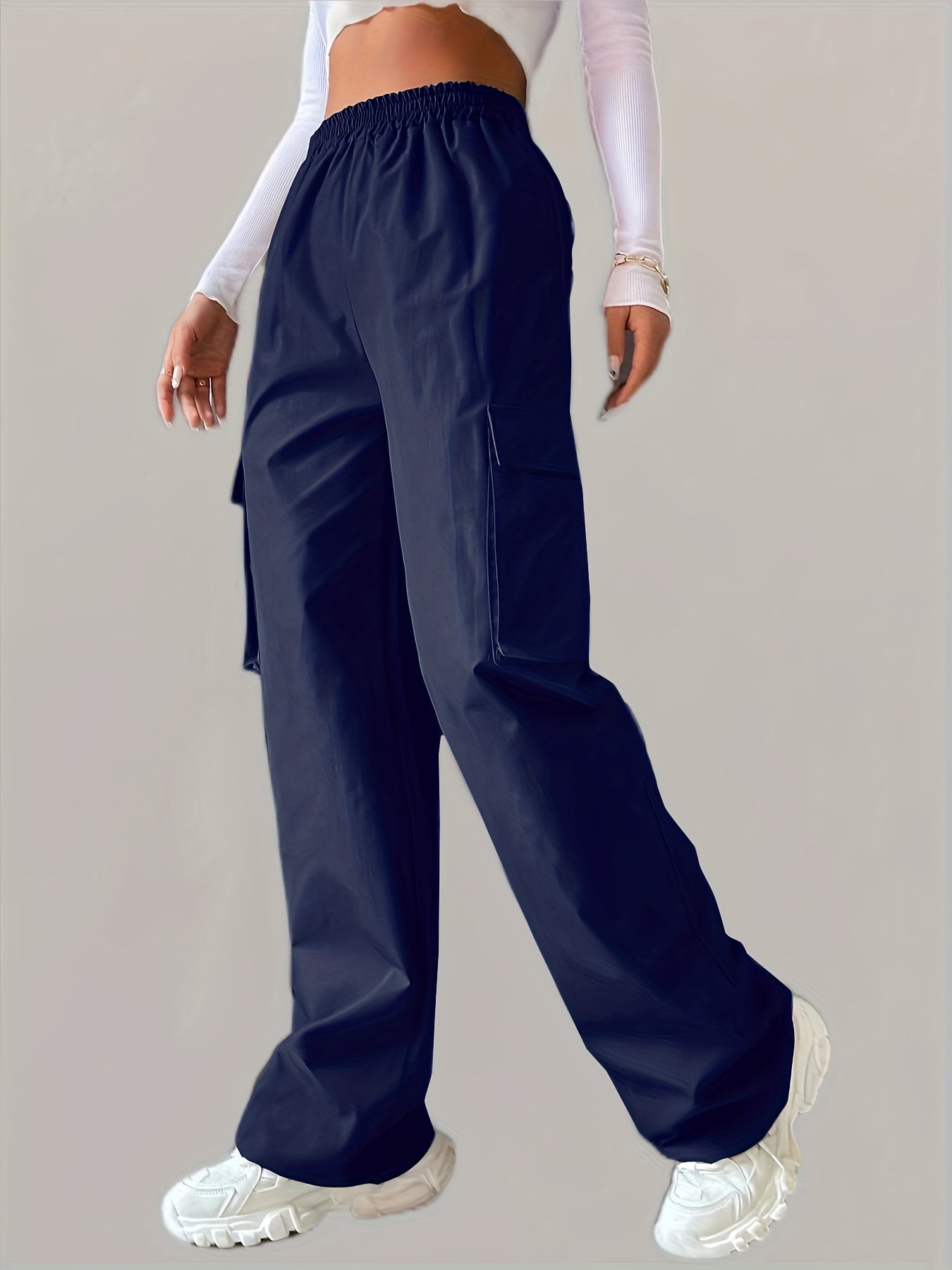 Elastic Waist Wide Leg Cargo Pants w/ Pockets