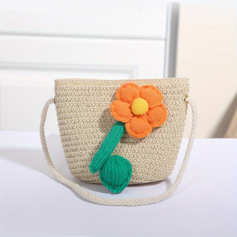 Kids Flower Decor Coin Purse Straw Woven Crossbody Bag