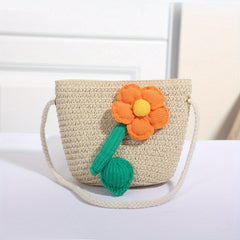 Kids Flower Decor Coin Purse Straw Woven Crossbody Bag