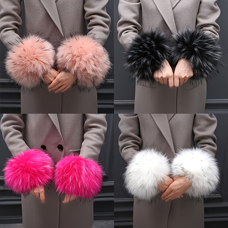 2pcs Winter Faux Fur Arm Warmers Short Wrist Band Cuffs for Women