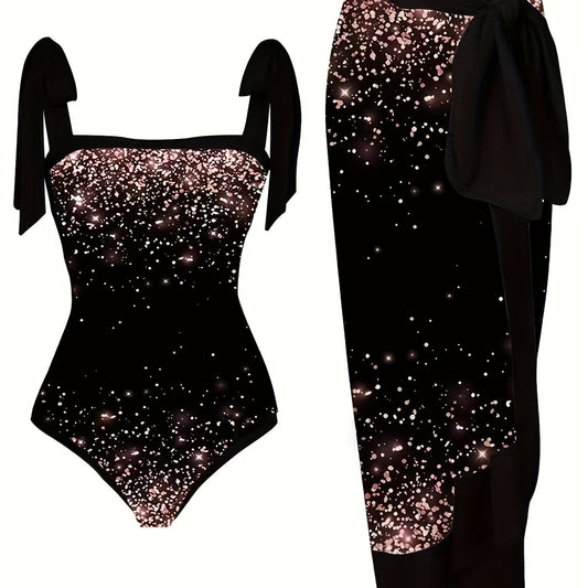 Sparkle Print Tie Shoulder One Piece Bathing suit Set