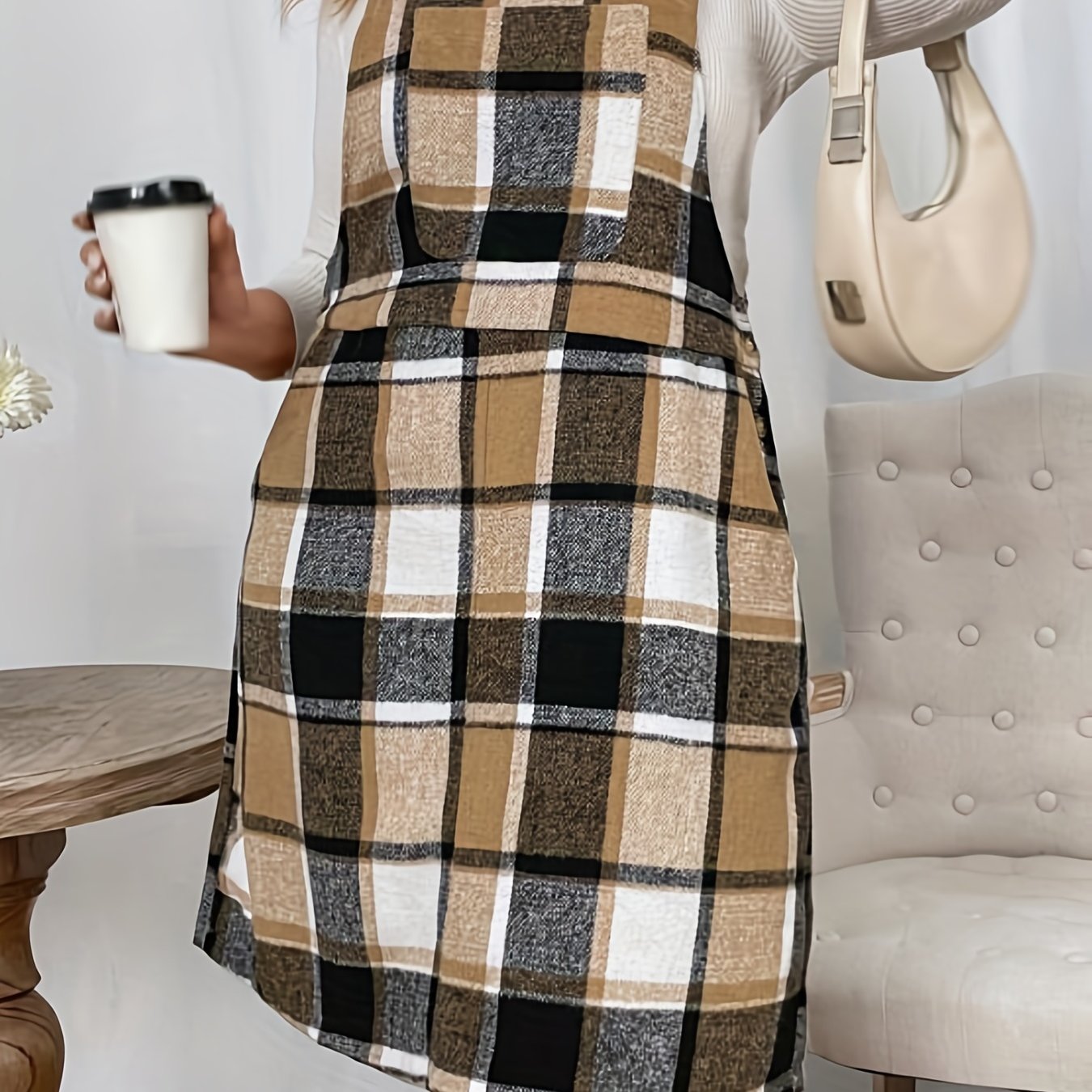  Plaid Print Square Neck Overall Dress