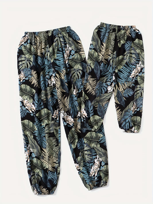 Tropical Leaf Print Matching Lantern Pants for Family