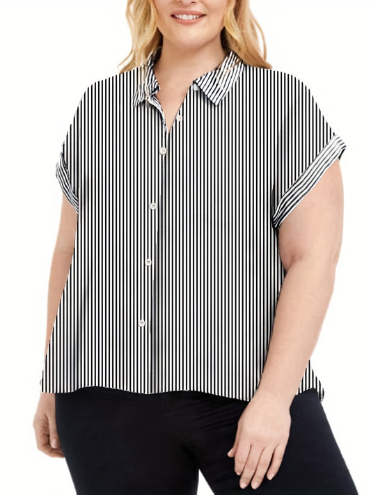  Women's Stripe Print Short Sleeve Button Up Blouse