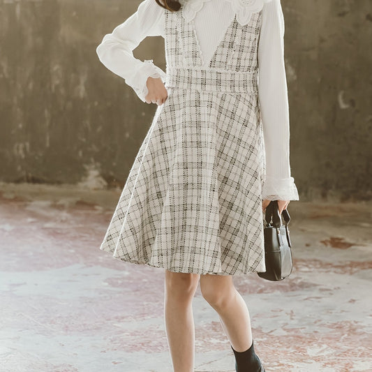Girls Lace Trim LS Shirt & Plaid V neck Skirt Overall Dress Set
