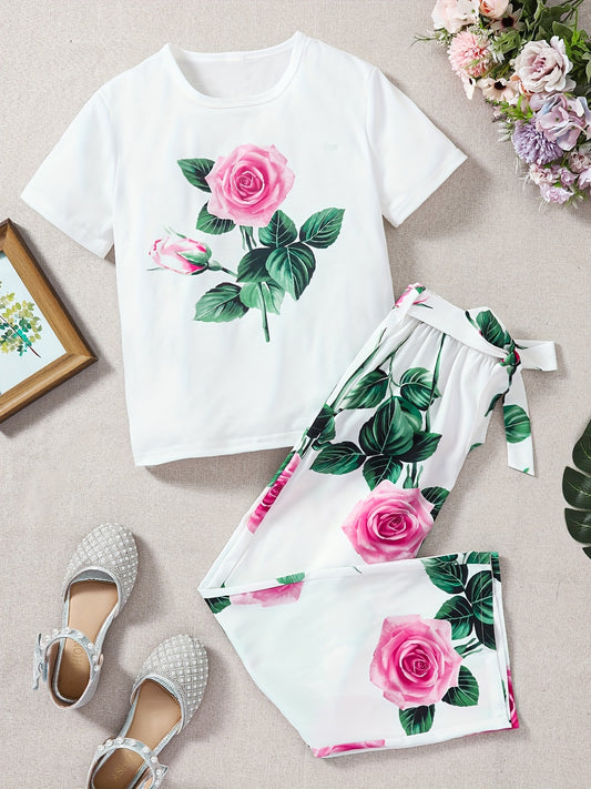 Girls Floral Print T-Shirt & Trousers Set with Belt