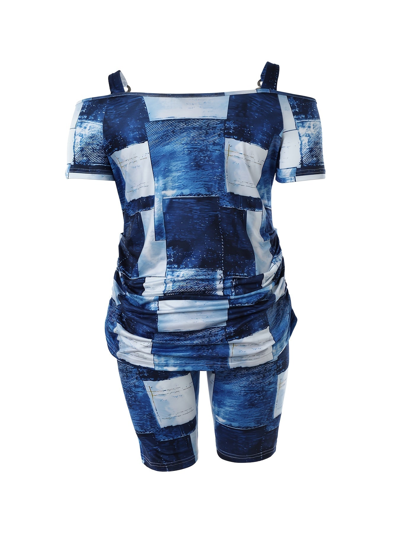  Patchwork Denim Print Cold Shoulder Top & Shorts Set