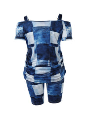  Patchwork Denim Print Cold Shoulder Top & Shorts Set