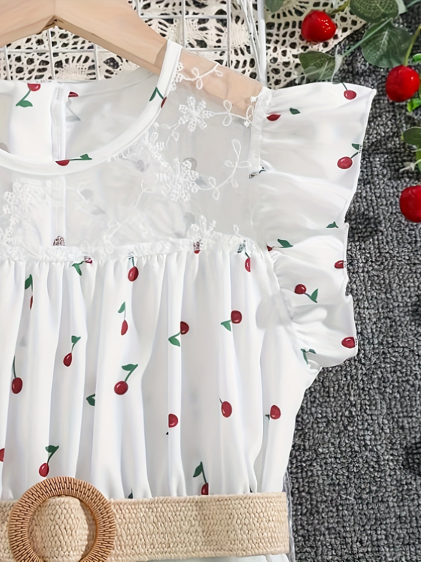 Girls Mesh Neck Berry Dress with Ruffle Sleeve