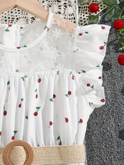 Girls Mesh Neck Berry Dress with Ruffle Sleeve