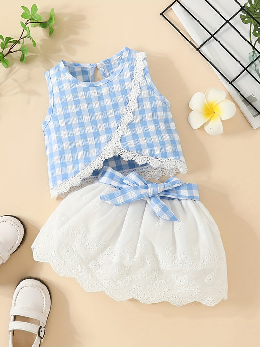 Baby Girls Gingham Lace Trim Tank Top & Skirt Set for Summer