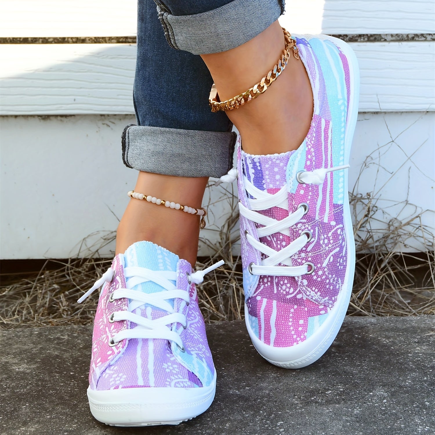 Women's Splicing Colors Canvas Shoes Round Toe Low Top Lace Up Shoes