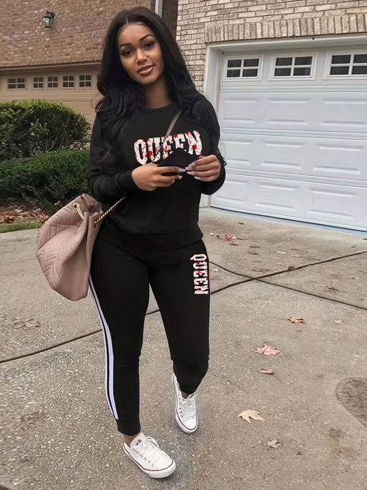 Queen Print 2pc Set Crew Neck Long Sleeve Tops & Striped Jogger Pants Outfits