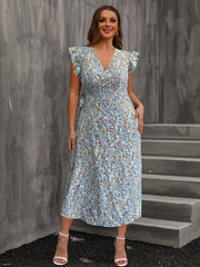  Ditsy Floral Print Butterfly Sleeve Maxi Dress