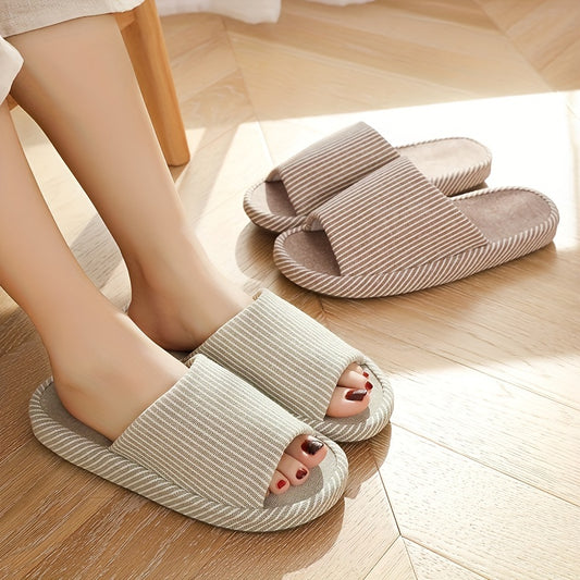 Women's Striped Home Slippers Soft Open Toe Flat Mute Shoes
