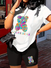 Lover Bear Print Two Piece Outfit Short Sleeve Crew Neck T Shirt & Shorts