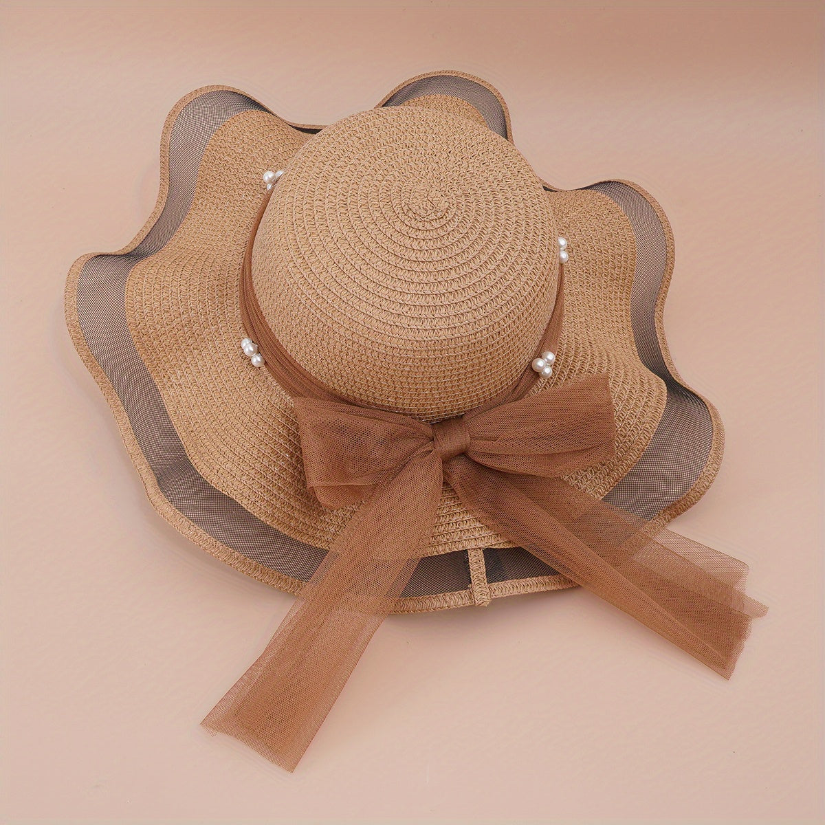 Lace Sun Hat Ribbon Bowknot Faux Pearl Straw Hat