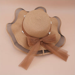 Lace Sun Hat Ribbon Bowknot Faux Pearl Straw Hat