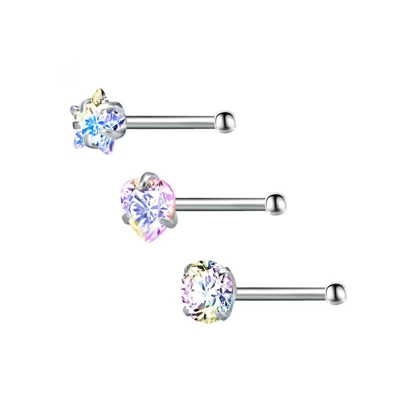 3 Pcs Heart Star Round Zircon Nose Rings Set Stainless Steel Cartilage Stud