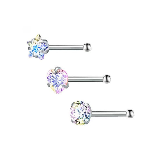 3 Pcs Heart Star Round Zircon Nose Rings Set Stainless Steel Cartilage Stud